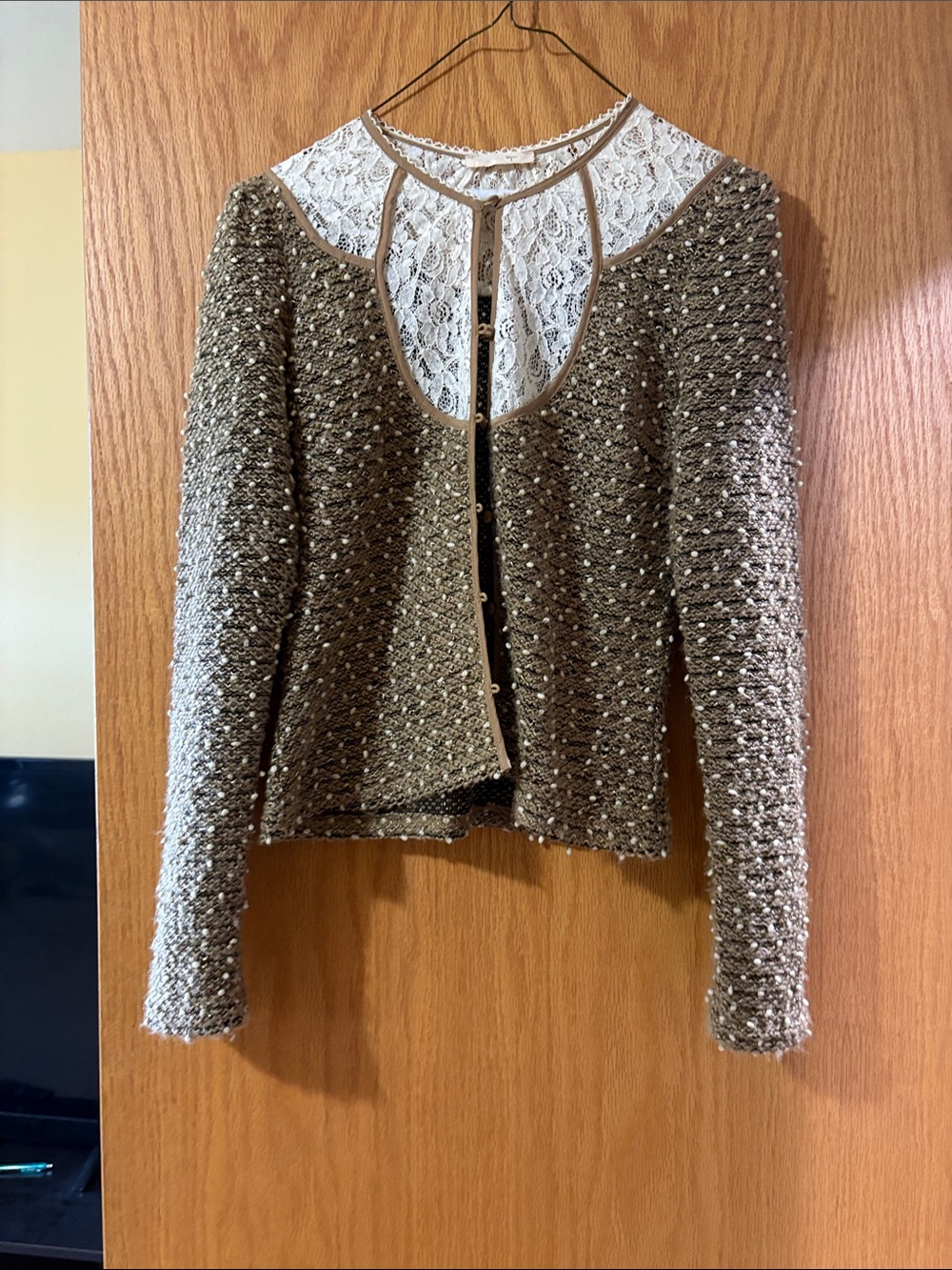 Textured gold/cream cardigan with lace.  Beautiful and classy.